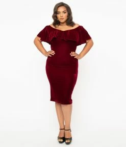 Unique Vintage Plus Size 1950s Burgundy Red Velvet Sophia Wiggle Dress Clothing