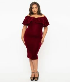 Unique Vintage Plus Size 1950s Burgundy Red Velvet Sophia Wiggle Dress Clothing