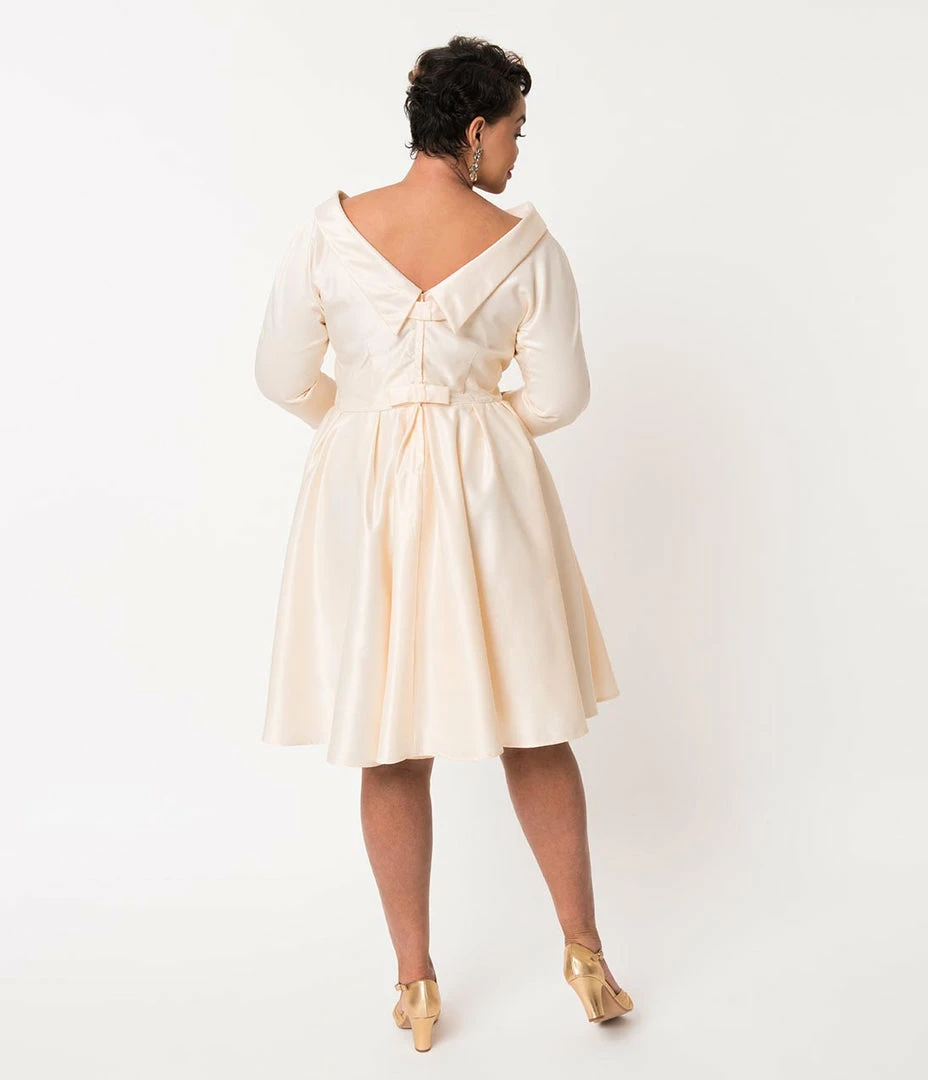 Wedding Unique Vintage Plus Size Cream Satin Sleeved Lana Bridal Dress