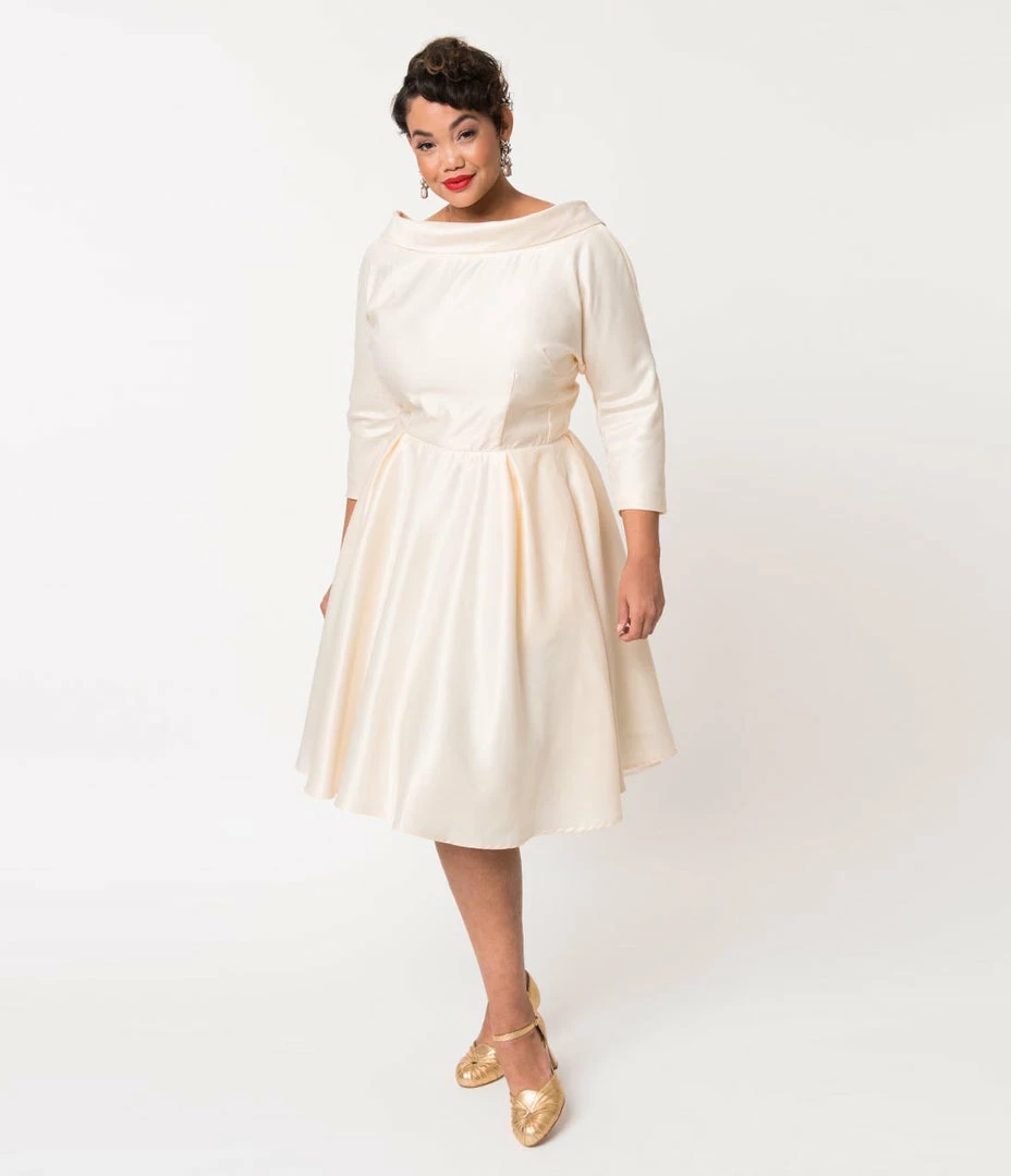 Wedding Unique Vintage Plus Size Cream Satin Sleeved Lana Bridal Dress