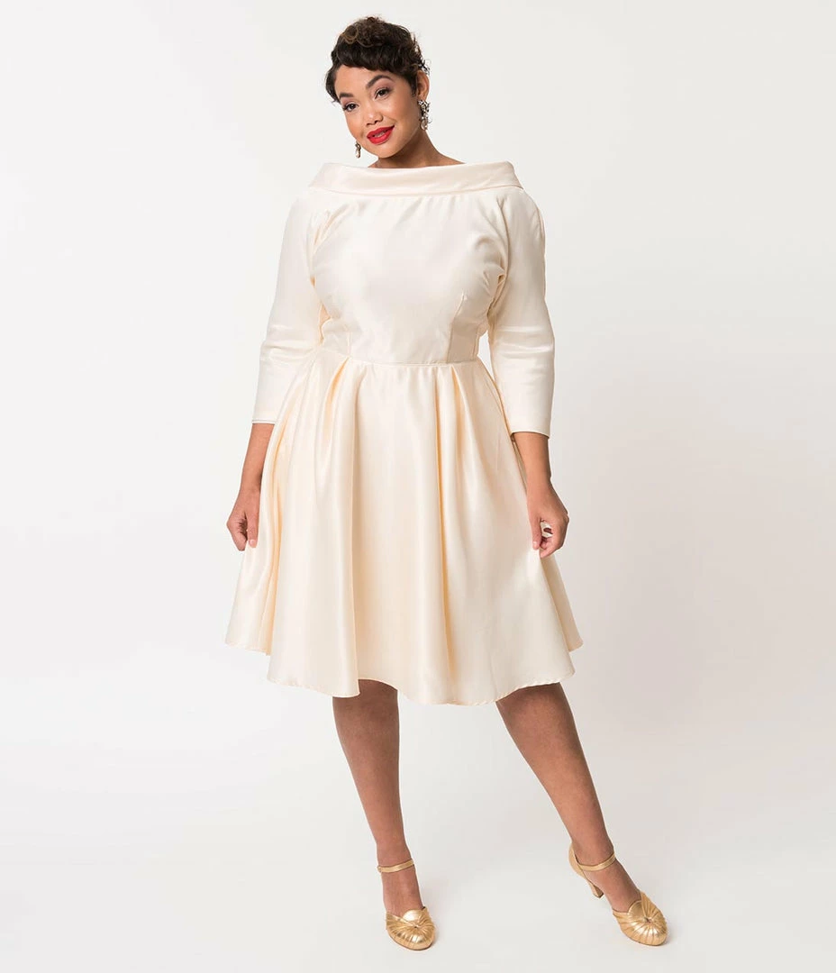 Wedding Unique Vintage Plus Size Cream Satin Sleeved Lana Bridal Dress