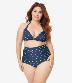Unique Vintage Plus Size Navy & Yellow Dotted Monroe Halter Swim Top