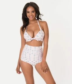 Unique Vintage Pink & Heather Blue Dotted Monroe Halter Swim Top Swimwear