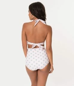 Unique Vintage Pink & Heather Blue Dotted Monroe Halter Swim Top Swimwear