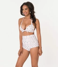 Unique Vintage Pink & Heather Blue Dotted Monroe Halter Swim Top Swimwear