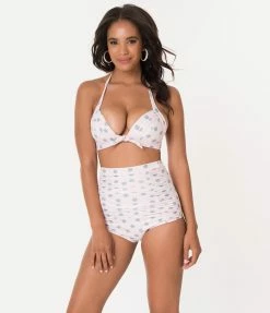 Unique Vintage Pink & Heather Blue Dotted Monroe Halter Swim Top Swimwear