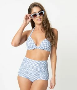 Swimwear Unique Vintage Blue & White Gingham Monroe High Waist Swim Bottom