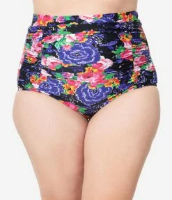 Unique Vintage Plus Size Pink & Purple Floral Print Monroe High Waist Swim Bottom Swimwear