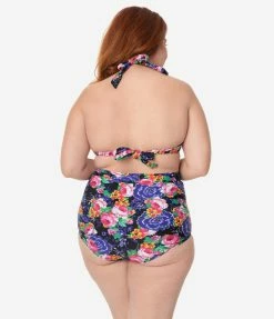 Unique Vintage Plus Size Pink & Purple Floral Print Monroe High Waist Swim Bottom Swimwear