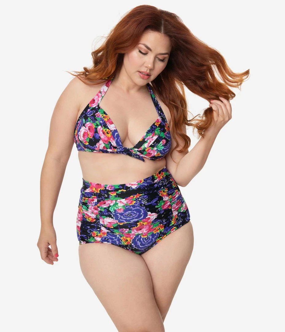 Unique Vintage Plus Size Pink & Purple Floral Print Monroe High Waist Swim Bottom Swimwear