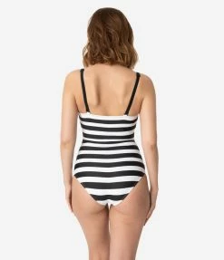 Swimwear Barbie X Unique Vintage Black & White Chevron Stripe One Piece Bathing Suit