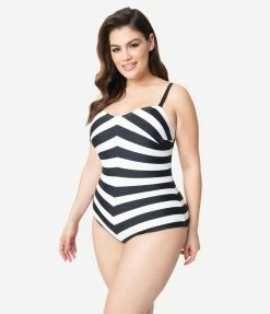 Barbie X Unique Vintage Plus Size Black & White Chevron Stripe One Piece Bathing Suit Swimwear