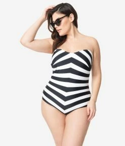 Barbie X Unique Vintage Plus Size Black & White Chevron Stripe One Piece Bathing Suit Swimwear