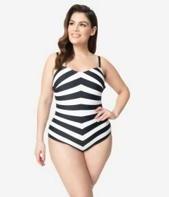 Barbie X Unique Vintage Plus Size Black & White Chevron Stripe One Piece Bathing Suit Swimwear