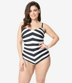 Barbie X Unique Vintage Plus Size Black & White Chevron Stripe One Piece Bathing Suit Swimwear