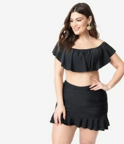 Swimwear Unique Vintage Plus Size Black Ruffled Ramona Swim Top