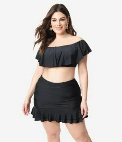 Swimwear Unique Vintage Plus Size Black Ruffled Ramona Swim Top