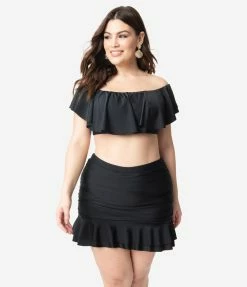 Swimwear Unique Vintage Plus Size Black Ruffled Ramona Swim Top