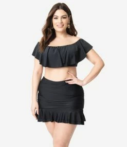 Swimwear Unique Vintage Plus Size Black Ruffled Ramona Swim Top