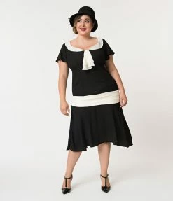 Clothing Unique Vintage Plus Size 1920s Black & Cream Wilshire Flapper Day Dress