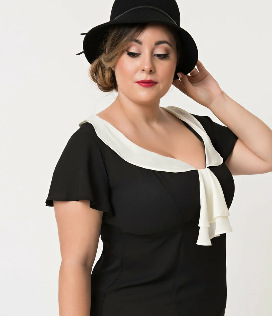 Clothing Unique Vintage Plus Size 1920s Black & Cream Wilshire Flapper Day Dress