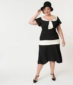 Clothing Unique Vintage Plus Size 1920s Black & Cream Wilshire Flapper Day Dress