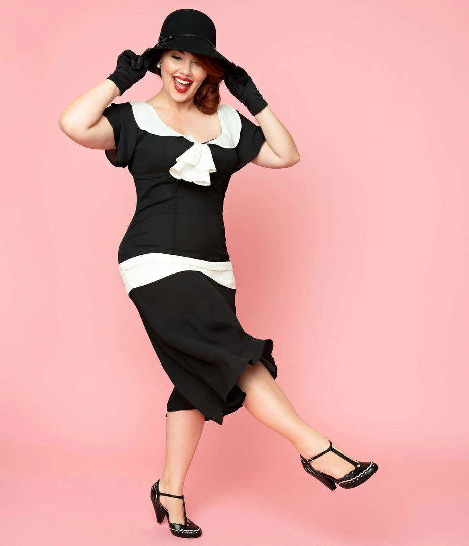 Clothing Unique Vintage Plus Size 1920s Black & Cream Wilshire Flapper Day Dress