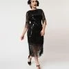 Sale Unique Vintage 1920s Black Sequin Fringe Sleeve Marcy Flapper Dress