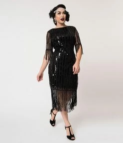 Sale Unique Vintage 1920s Black Sequin Fringe Sleeve Marcy Flapper Dress