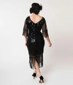 Sale Unique Vintage 1920s Black Sequin Fringe Sleeve Marcy Flapper Dress
