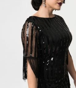Sale Unique Vintage 1920s Black Sequin Fringe Sleeve Marcy Flapper Dress