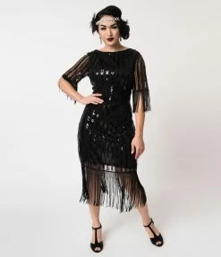 Sale Unique Vintage 1920s Black Sequin Fringe Sleeve Marcy Flapper Dress