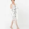 Unique Vintage 1920s White & Silver Sequin St. Michel Fringe Flapper Dress Wedding
