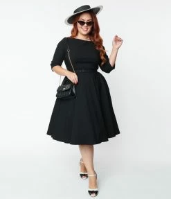 New Arrivals! Unique Vintage Plus Size 1950s Black Devon Swing Dress