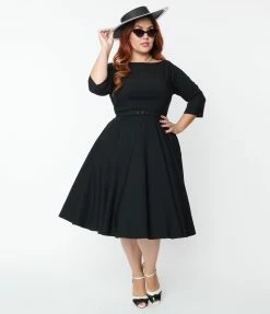 New Arrivals! Unique Vintage Plus Size 1950s Black Devon Swing Dress