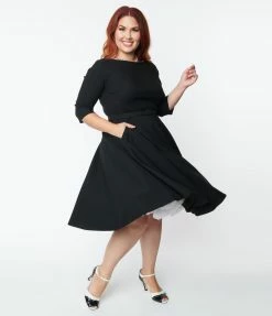 New Arrivals! Unique Vintage Plus Size 1950s Black Devon Swing Dress