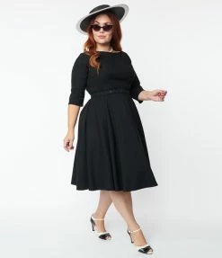New Arrivals! Unique Vintage Plus Size 1950s Black Devon Swing Dress