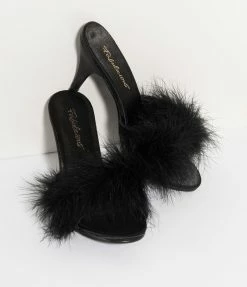 Pleaser Black Satin & Marabou Feather Peep Toe Amour Heel Slipper