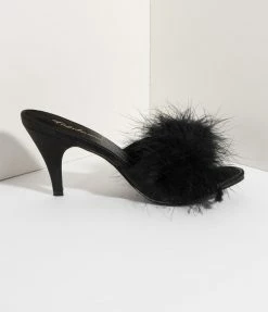 Pleaser Black Satin & Marabou Feather Peep Toe Amour Heel Slipper