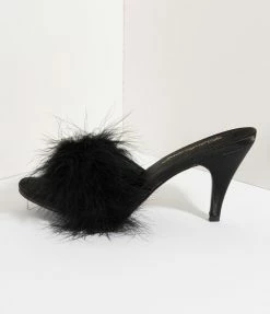 Pleaser Black Satin & Marabou Feather Peep Toe Amour Heel Slipper