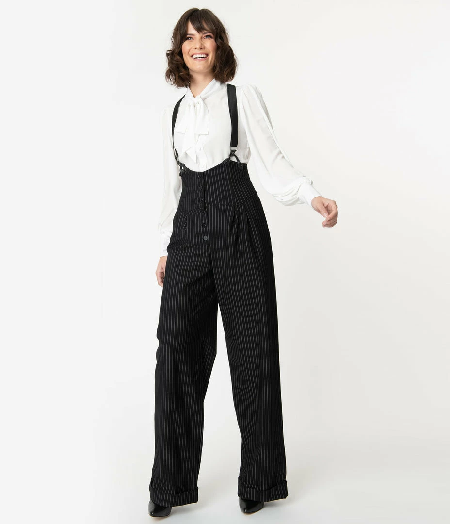 Clothing Unique Vintage Black & White Pin Stripe Thelma Suspender Pants