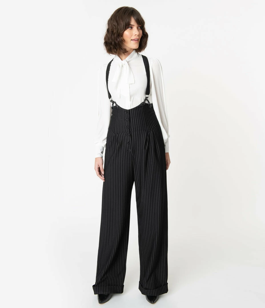 Clothing Unique Vintage Black & White Pin Stripe Thelma Suspender Pants