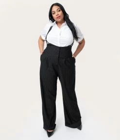 Clothing Unique Vintage Plus Size Black & White Pin Stripe Thelma Suspender Pants
