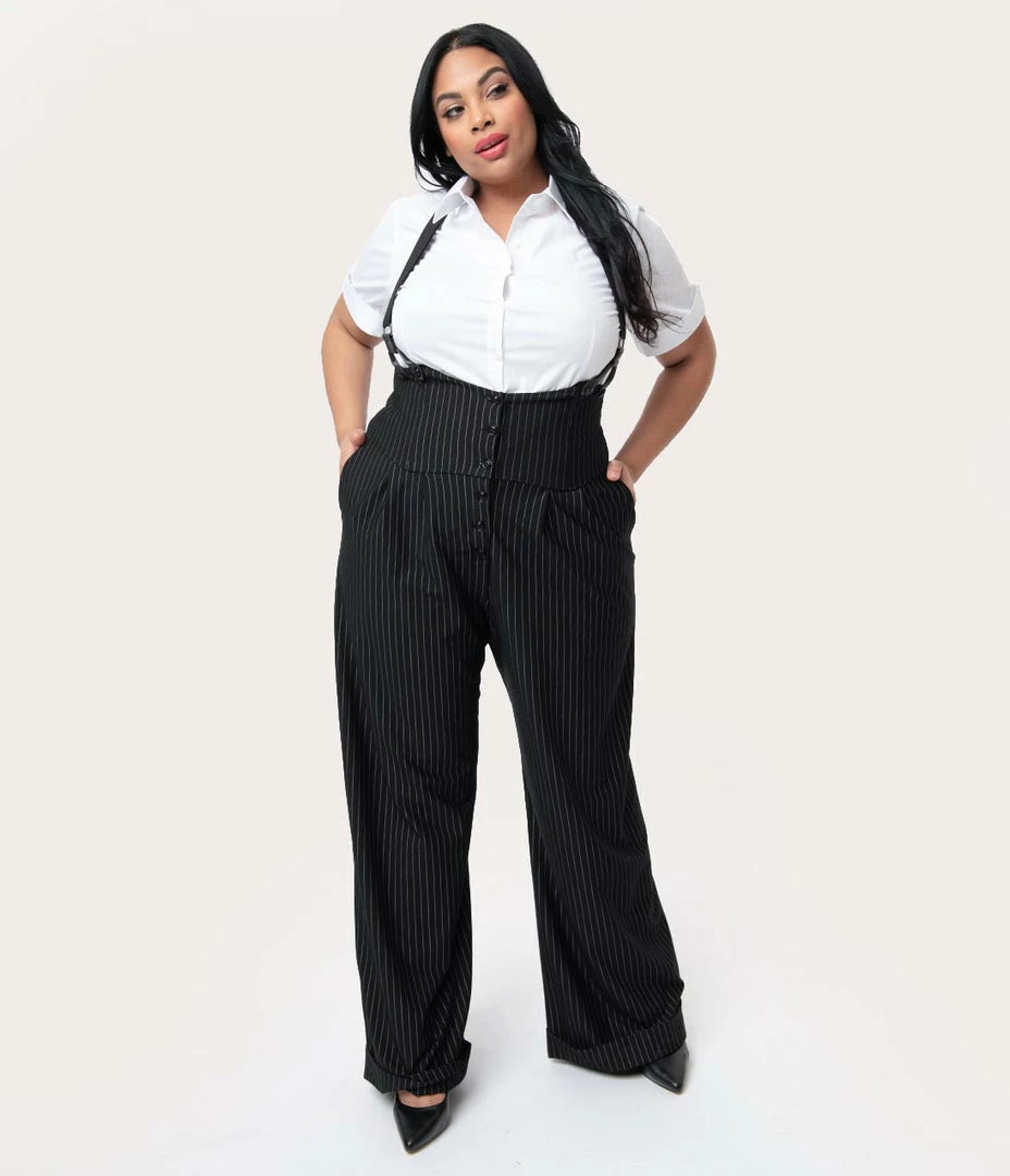 Clothing Unique Vintage Plus Size Black & White Pin Stripe Thelma Suspender Pants