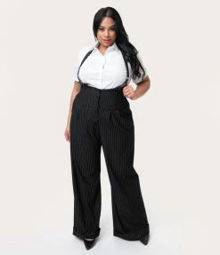 Clothing Unique Vintage Plus Size Black & White Pin Stripe Thelma Suspender Pants