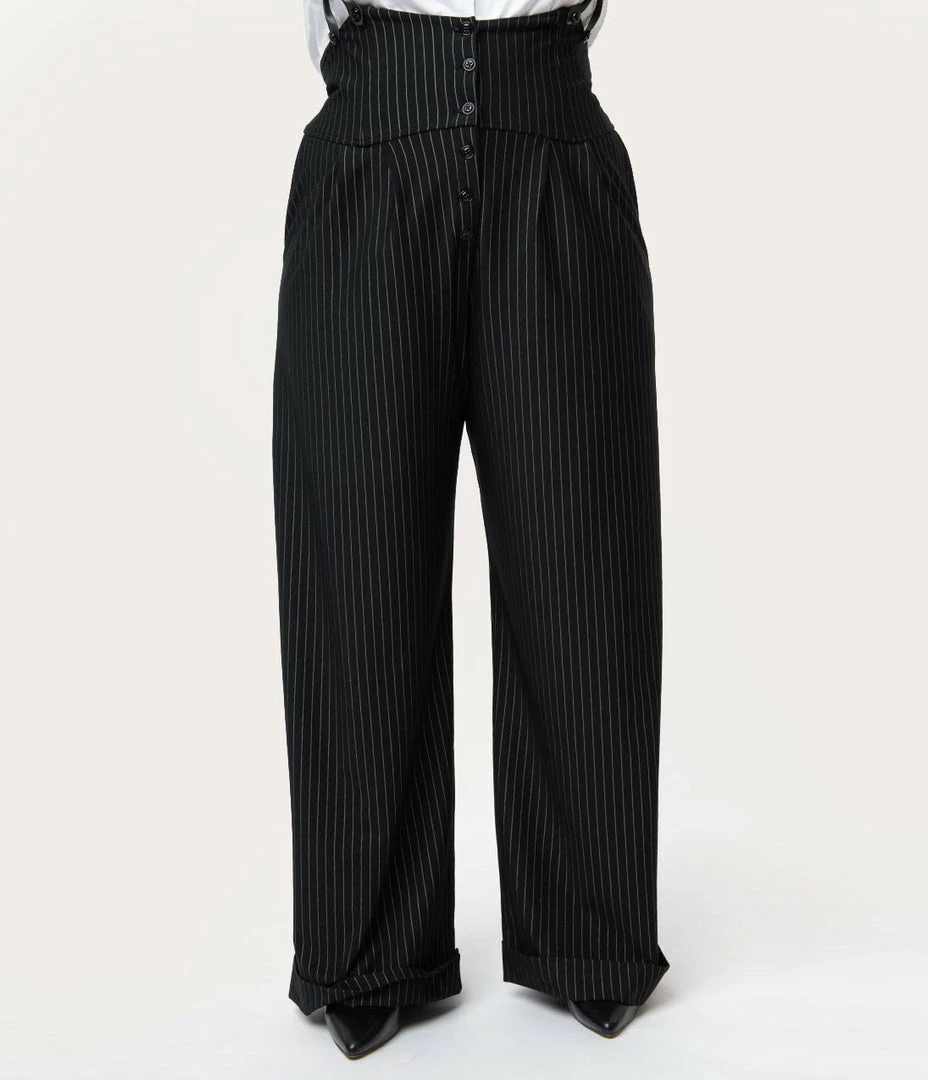 Clothing Unique Vintage Plus Size Black & White Pin Stripe Thelma Suspender Pants