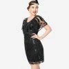 Unique Vintage 1920s Black Beaded Angel Sleeve Oxsana Flapper Dress