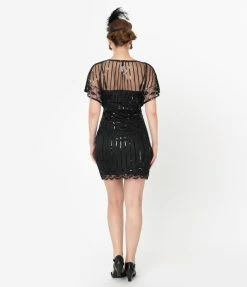 Unique Vintage 1920s Black Beaded Angel Sleeve Oxsana Flapper Dress