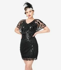 Unique Vintage 1920s Black Beaded Angel Sleeve Oxsana Flapper Dress