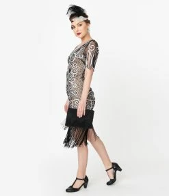 Unique Vintage 1920s Style Black & White Sequin Florent Flapper Dress